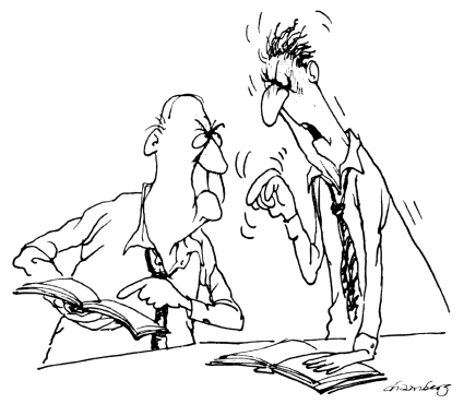 dessin représentant deux pasteurs discutant de la Bible avec virulence
