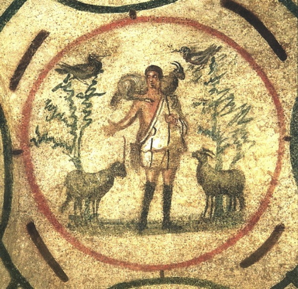 Jésus représenté en berger séparant les brebis des boucs et portant un bouc - catacombes